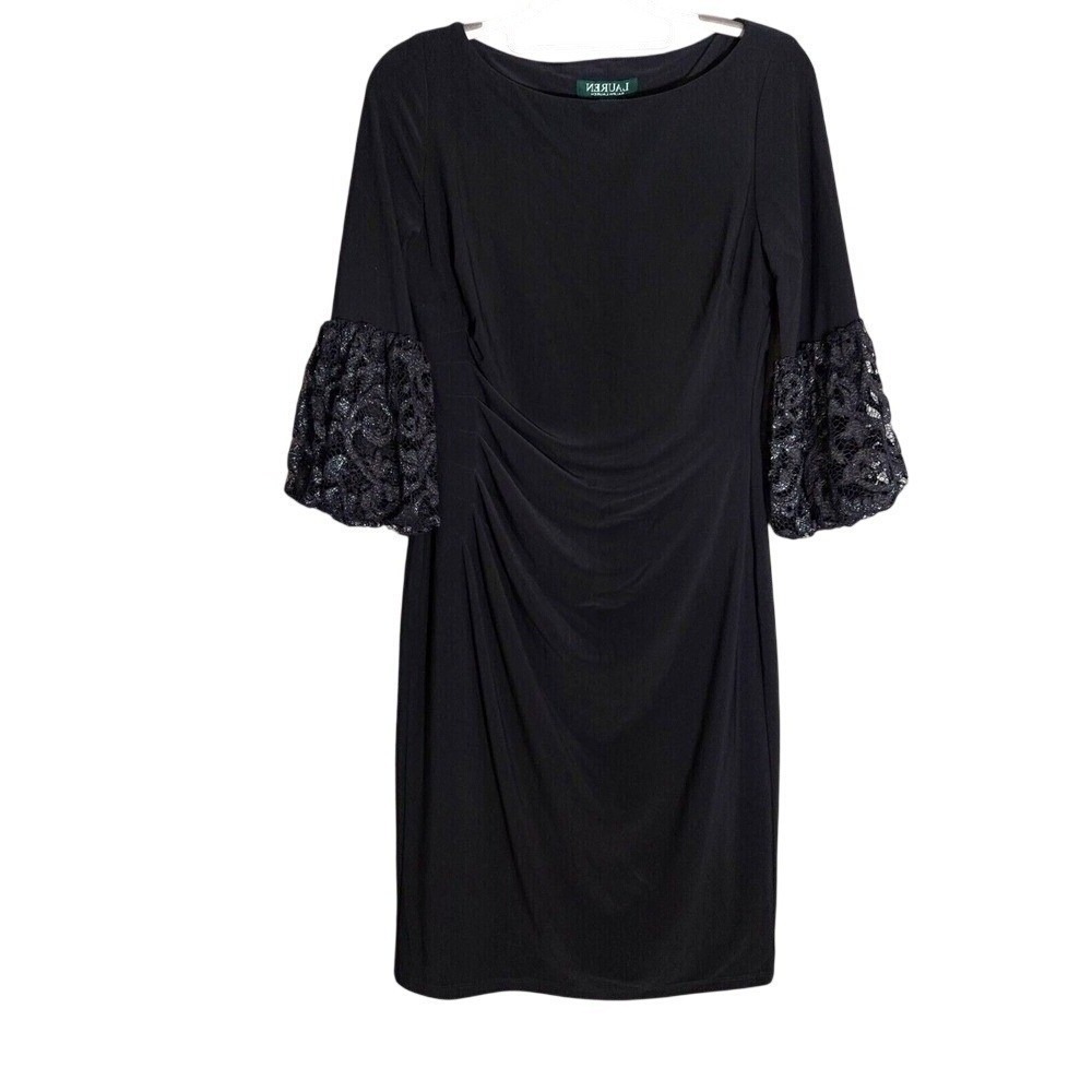 Ralph Lauren Dress Women 8 Petite Black Lace Sleeve Surplice‎ Cocktail Evening